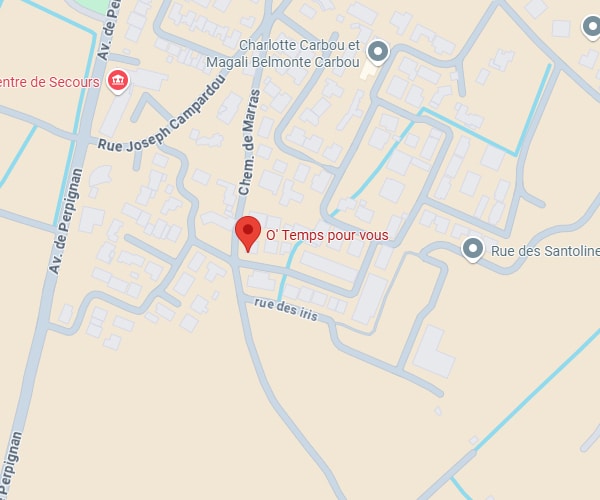 Plan détaillé avec repère rouge sur 'O' Temps pour vous' au croisement Chem. de Marras et Rue des Iris, près Av. de Perpignan et Centre de Secours.