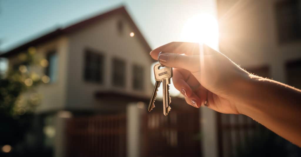 Main féminine tenant une paire de clés marquées "SIMBINS" devant une maison ensoleillée. Symbolise l'achat ou l'accès à une nouvelle propriété.