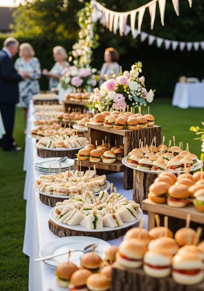 Buffet de garden-party avec mini-burgers et sandwiches présentés sur des supports en bois rustiques.