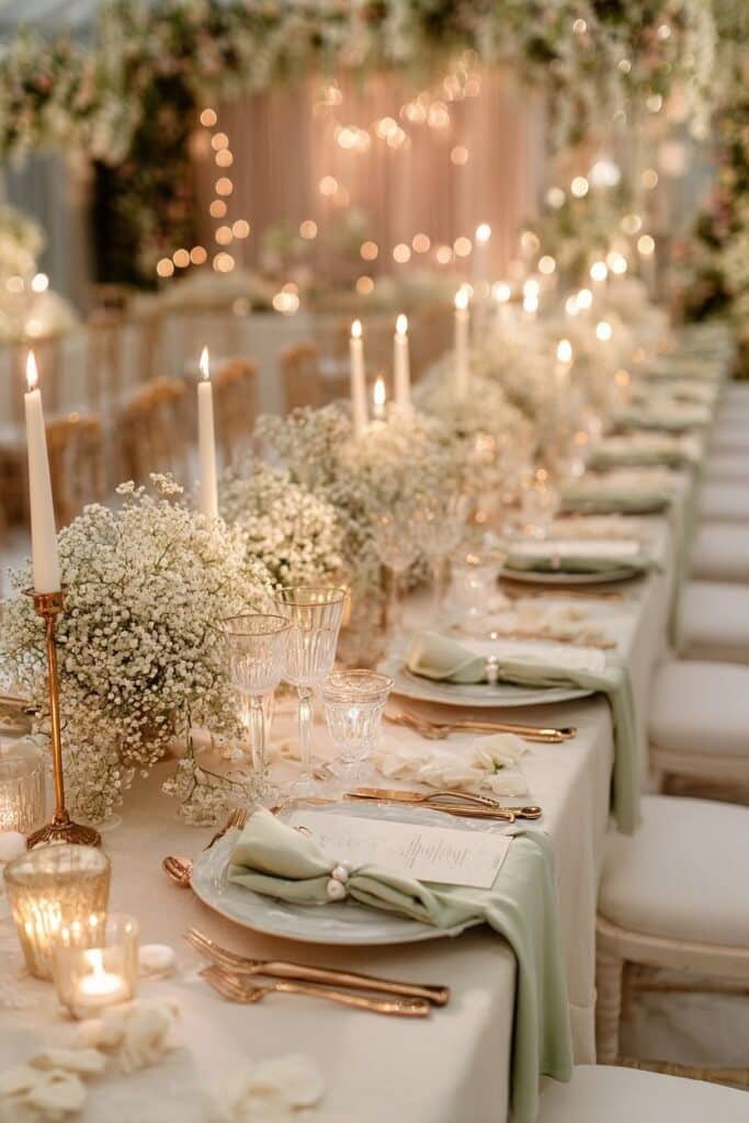 Décoration de Mariage Chic : Gypsophile et Vert Sauge Table de mariage élégante : gypsophile blanche, bougies, couverts dorés et serviettes vert sauge. Ambiance romantique.